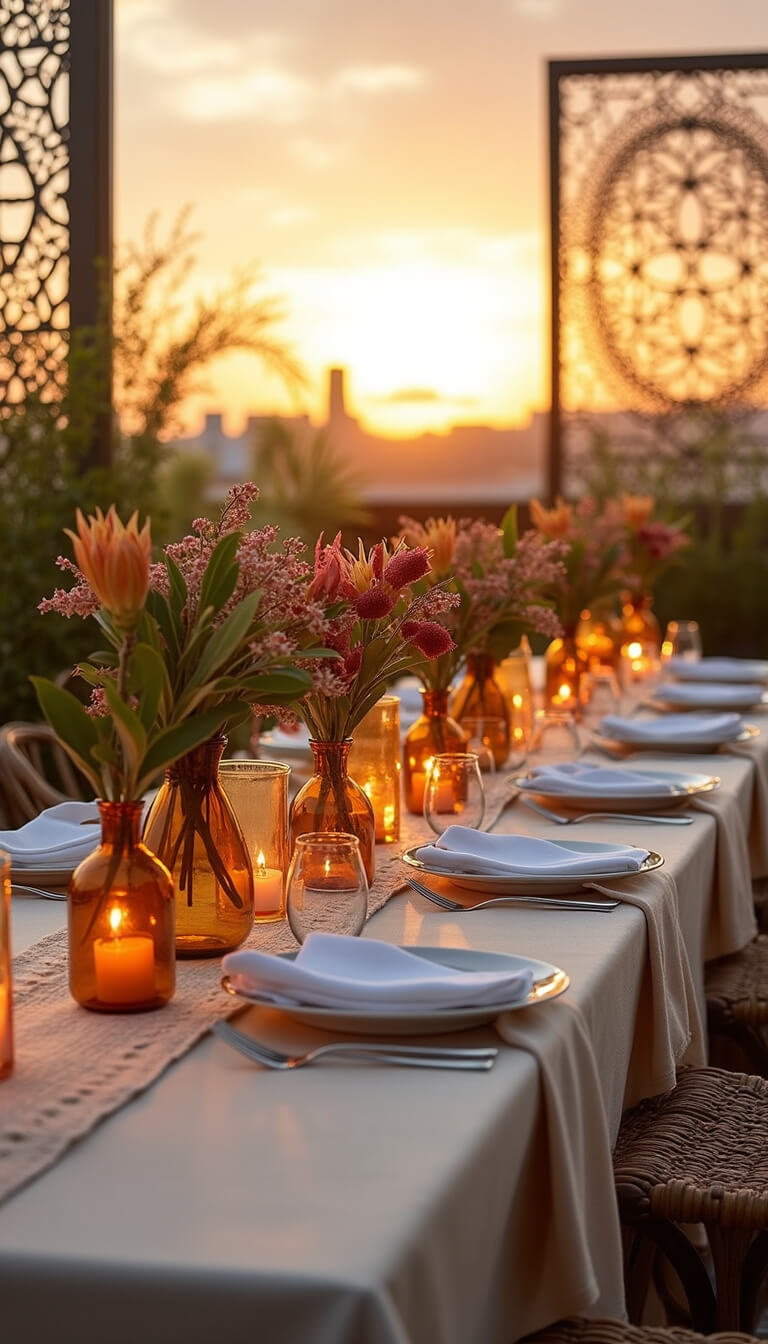 Modern rooftop terrace at sunset with elegant table setting, amber glass vases of protea flowers, and Moroccan lanterns casting shadows.