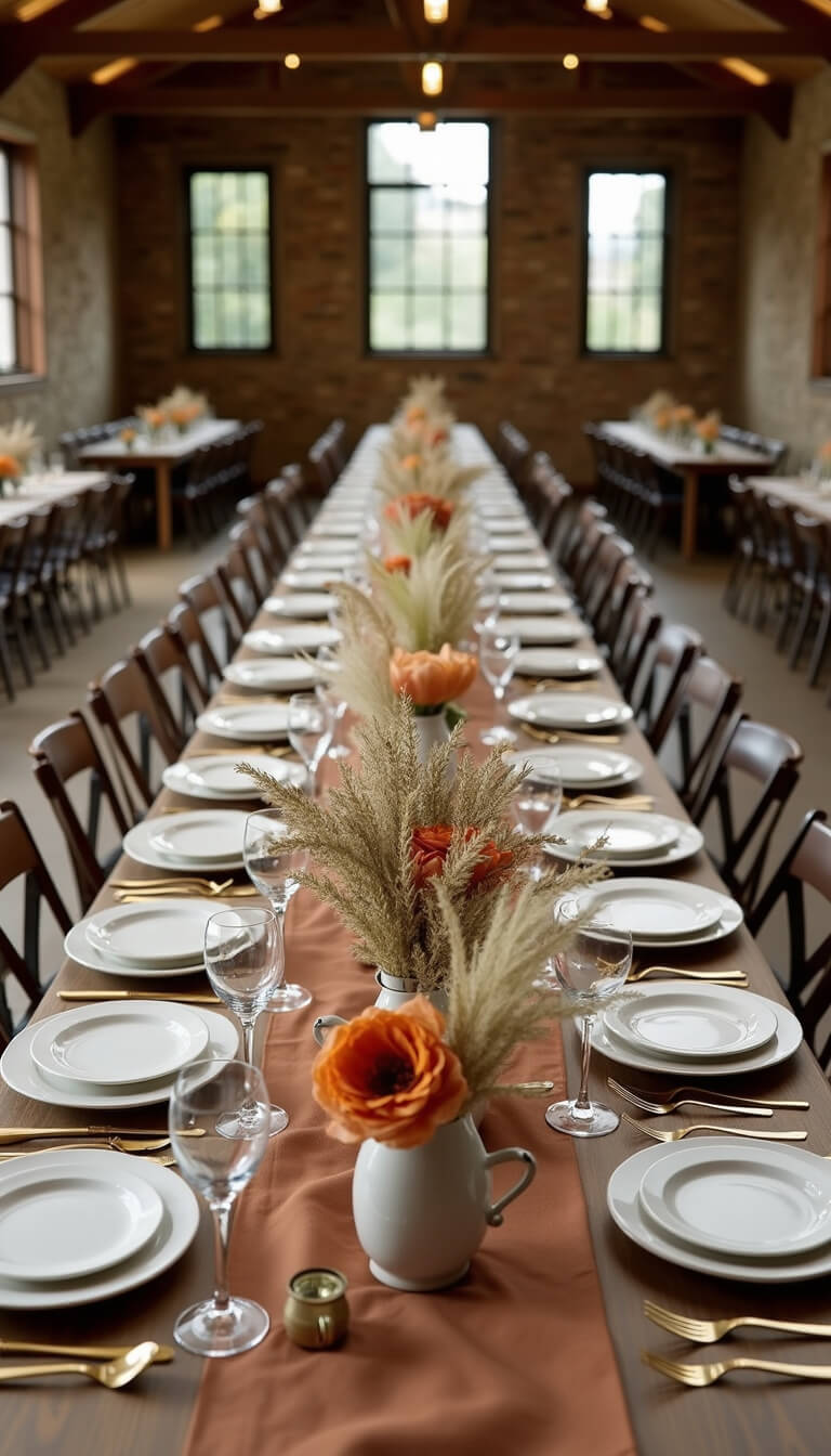 Bird's eye view of a rustic 30x40ft converted stable with long harvest tables, earth-toned silk runners, ceramic vases of dried and fresh florals, vintage brass candlesticks, and natural light from clerestory windows.
