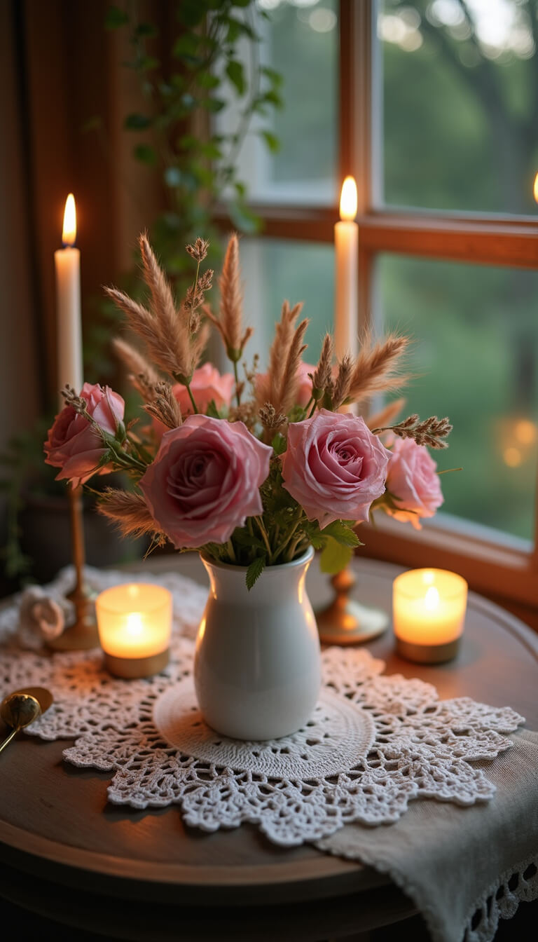 Close-up of garden table with crochet doilies, linen, antique milk glass vase of roses and grasses, and glowing brass candlesticks at sunset.