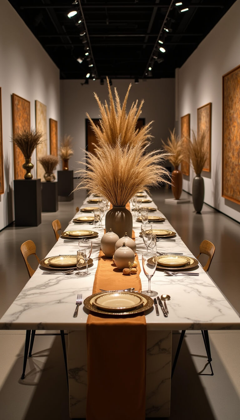 Nighttime gallery with marble table, silk runner, gold-rimmed place settings, pampas grass installations, and dramatic spotlight shadows.
