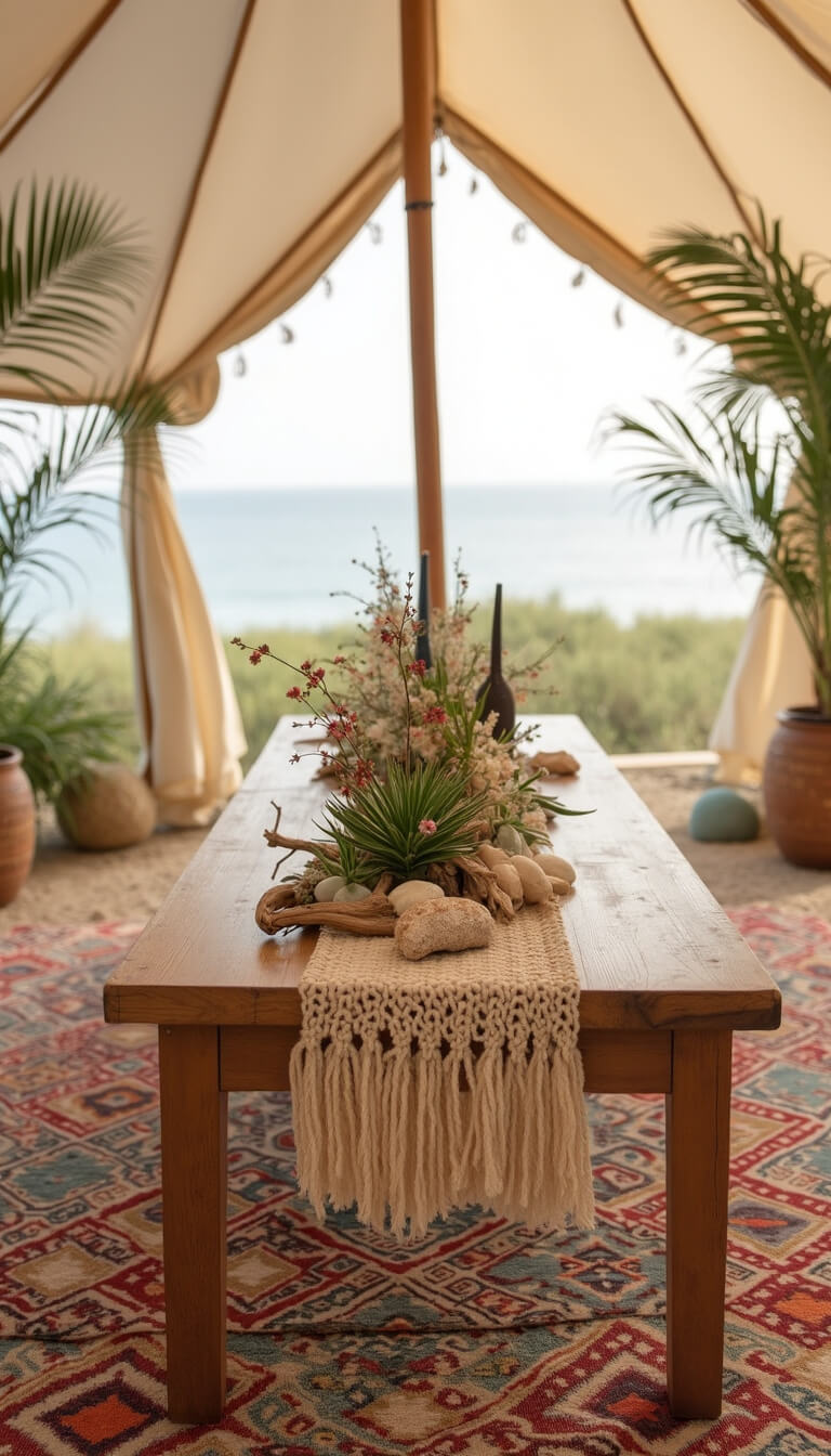 Low-angle view of a Bohemian beach tent with a low-set table on Moroccan rugs, decorated with a muslin runner, macramé insets, shells, air plants, driftwood, sea glass, and tropical flowers under soft midday light.