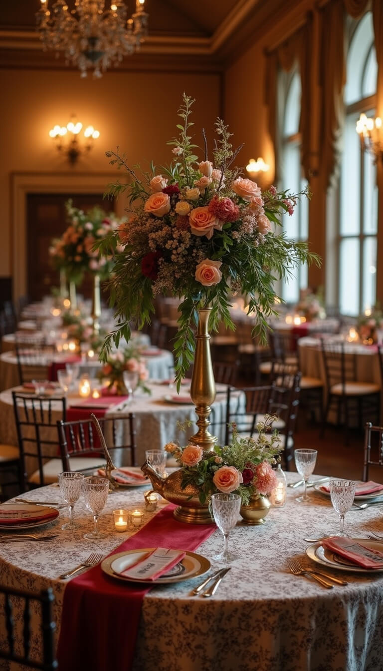 Vintage ballroom at dusk with round tables, lace overlays, velvet runners, brass vases of roses and foliage, and crystal candelabras under warm uplighting.