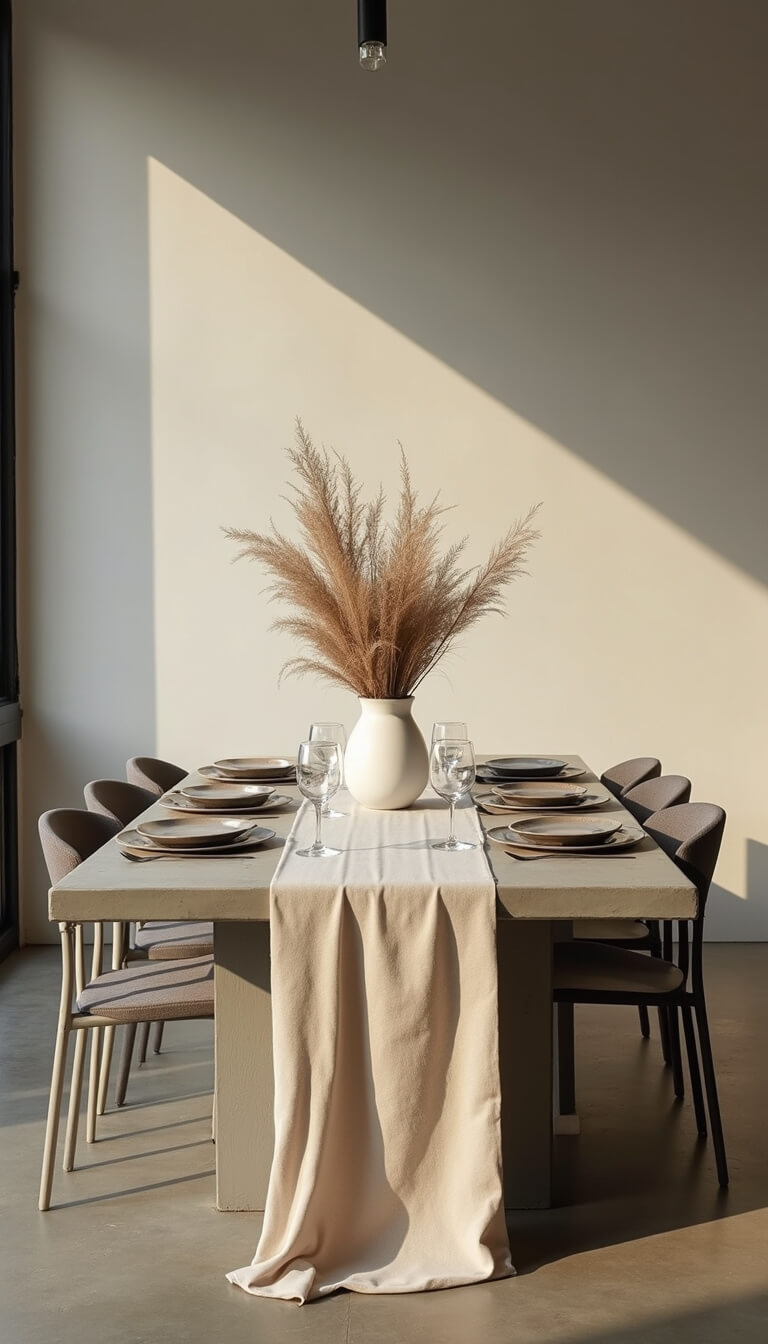Minimalist urban loft at dawn with concrete table, simple place settings, and dried floral centerpiece in soft morning light.