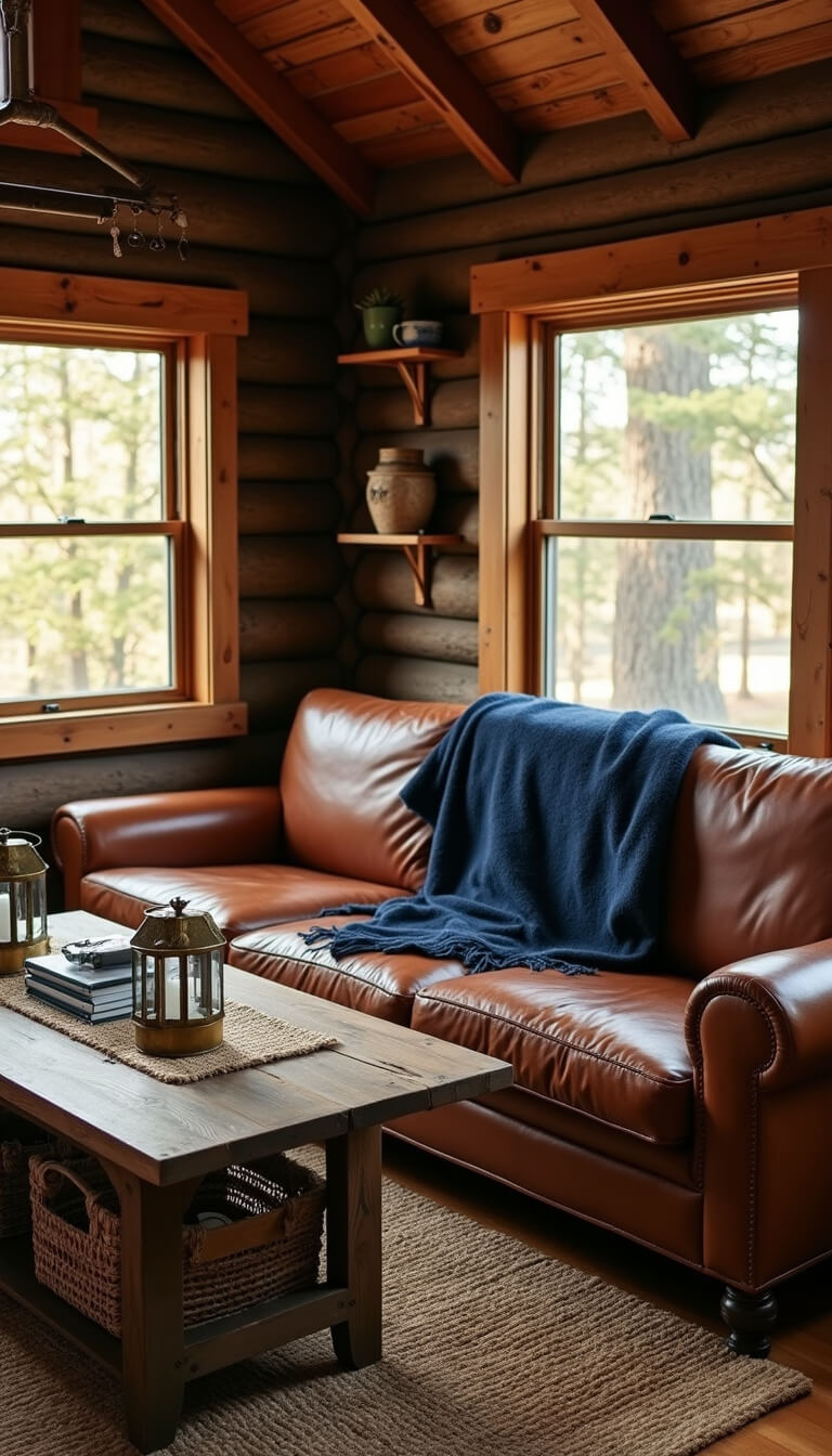 Cozy fishing cabin interior at golden hour with sunlight through west windows, featuring a leather sofa, boat-wood coffee table, brass lanterns, mounted fishing rods, and rustic decor in forest green, brown, and navy tones.