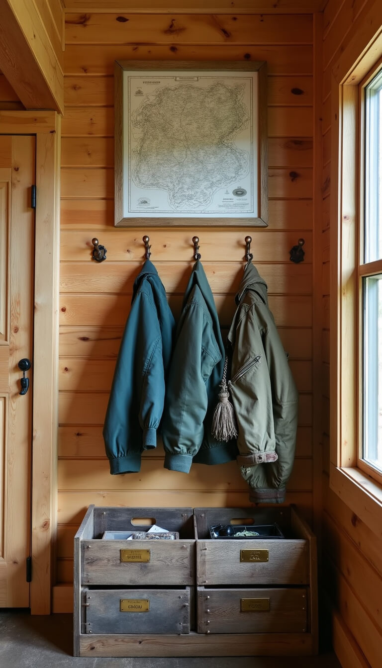 Rustic cabin storage wall with oar-shaped copper coat hooks holding canvas jackets, reclaimed wood tackle crates, and a vintage fishing map framed in barnwood.