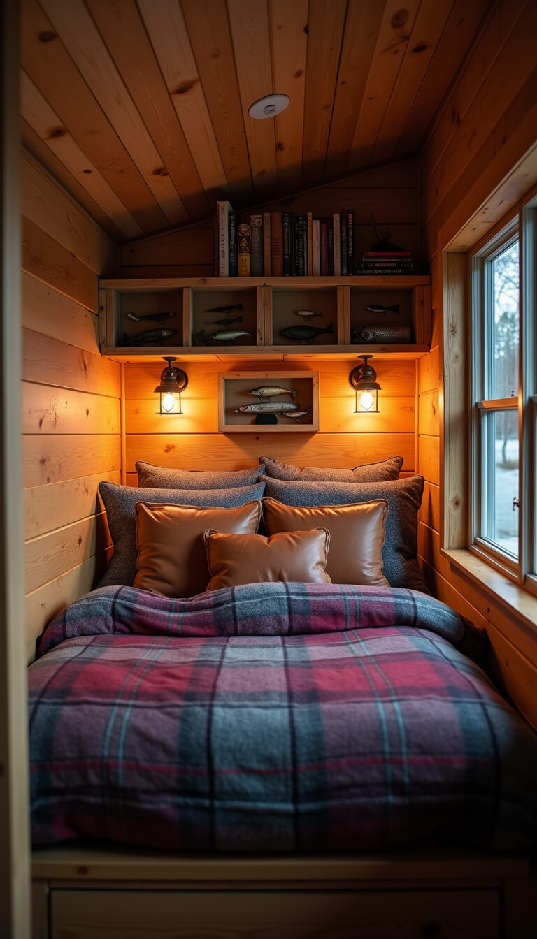 Cozy dusk interior of a rustic 14x16ft cabin sleeping nook with a built-in twin bed featuring burgundy buffalo plaid blankets and leather pillows, antique fishing lures in shadow boxes above, vintage books on raw-edge shelves, and warm industrial lighting under exposed cedar beams.