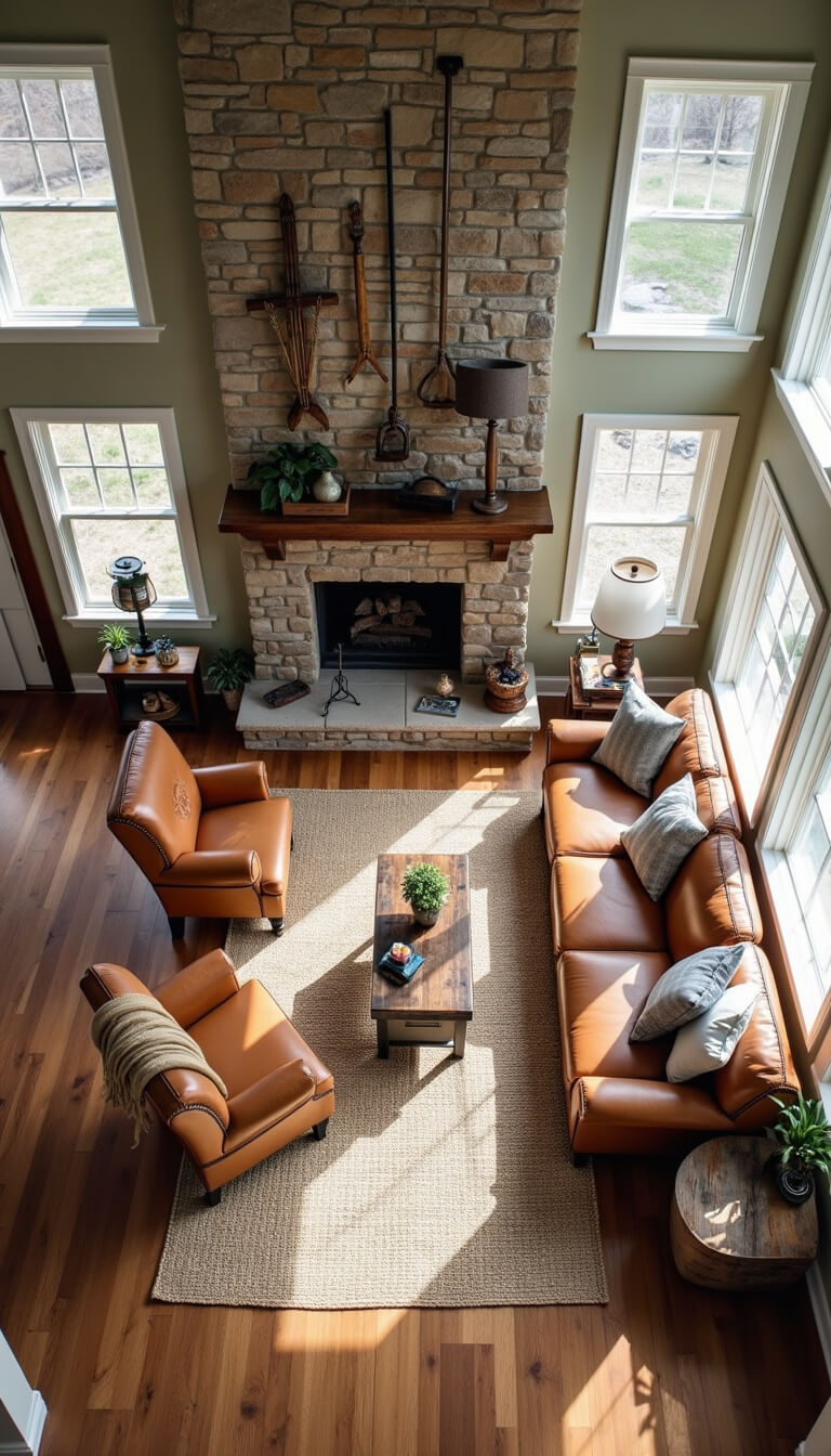 Bird's eye view of sunlit living room with leather armchairs by a stone fireplace, vintage fishing decor, and earth-toned layered textiles.