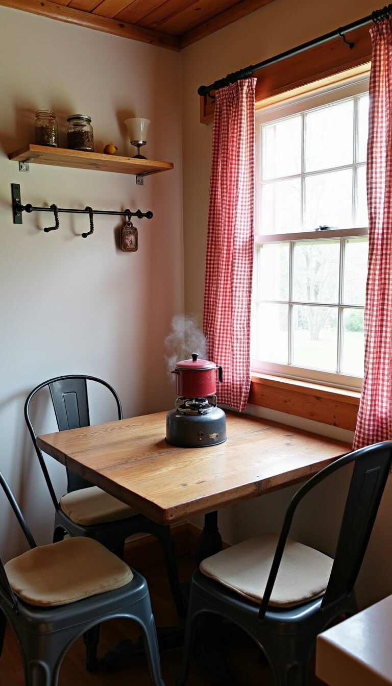 Cozy cabin breakfast nook with reclaimed wood table, vintage metal chairs, and gingham curtains in morning light.