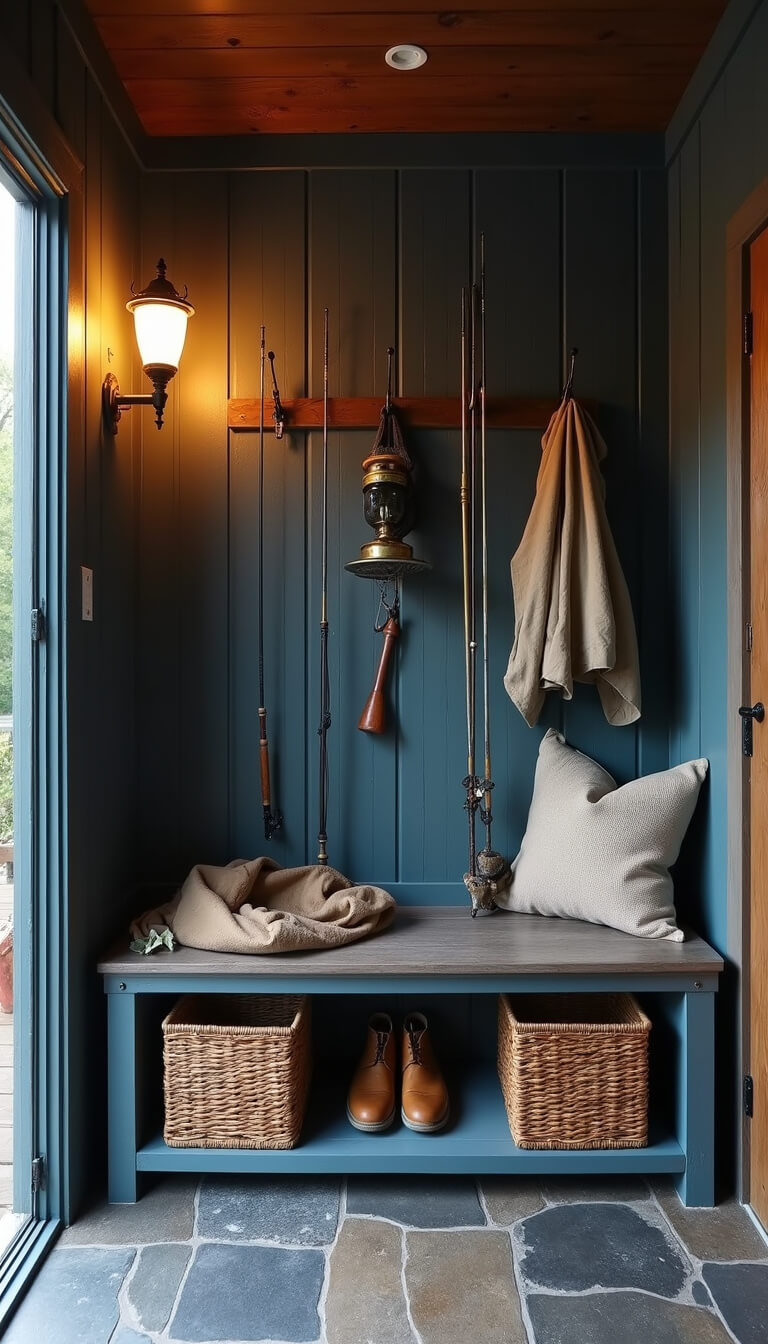 Evening view of cozy 12x14ft cabin mudroom with rod storage, bench seating with baskets, fishing oil lamp, gear on metal hooks, and fossil-marked slate floor.