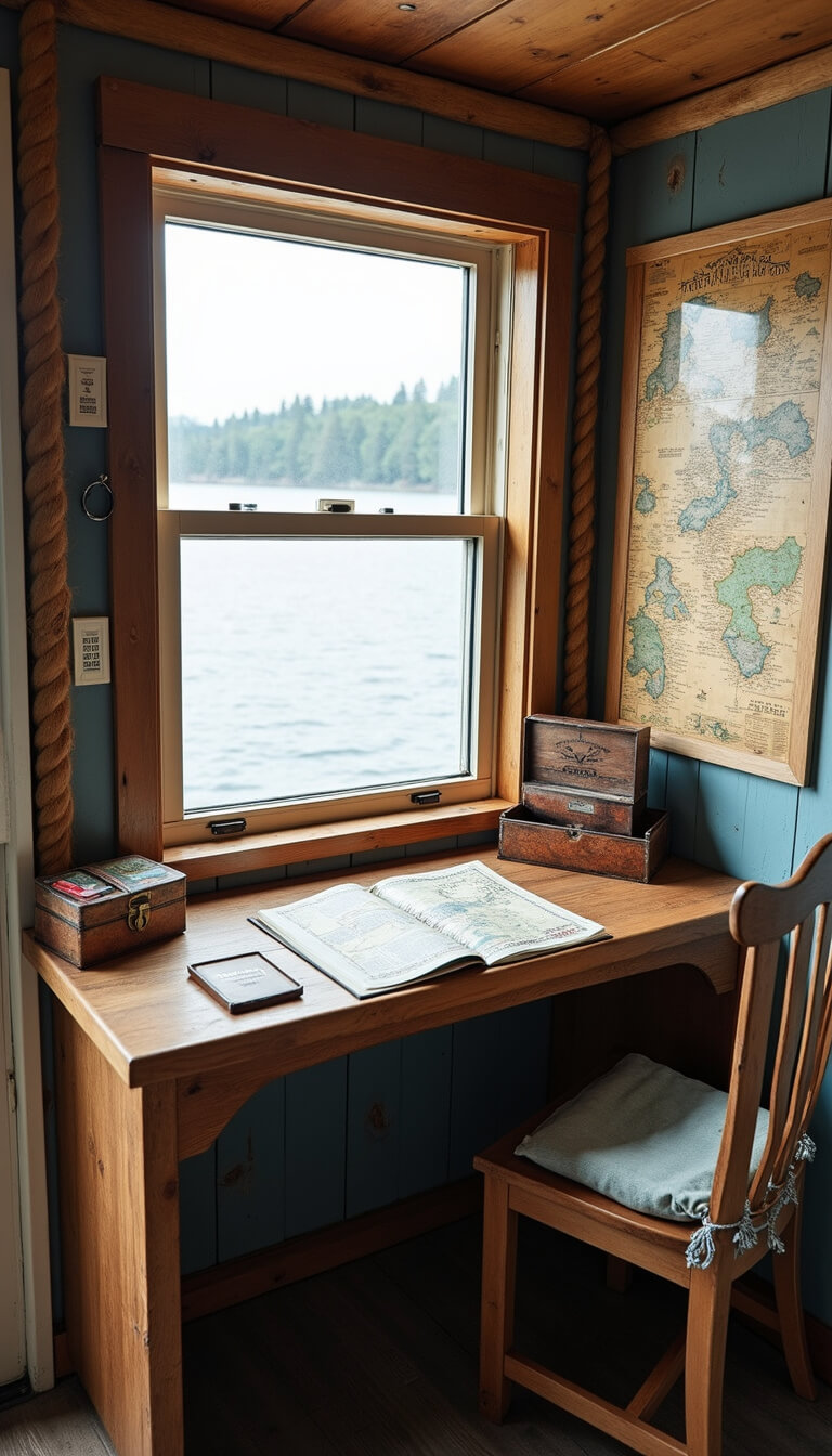 Overhead view of cozy 10x12ft cabin workspace with reclaimed wood desk under window, vintage fishing maps on cork board, antique tackle box organizer, and marine-inspired brass and rope details in ocean blues and copper tones.