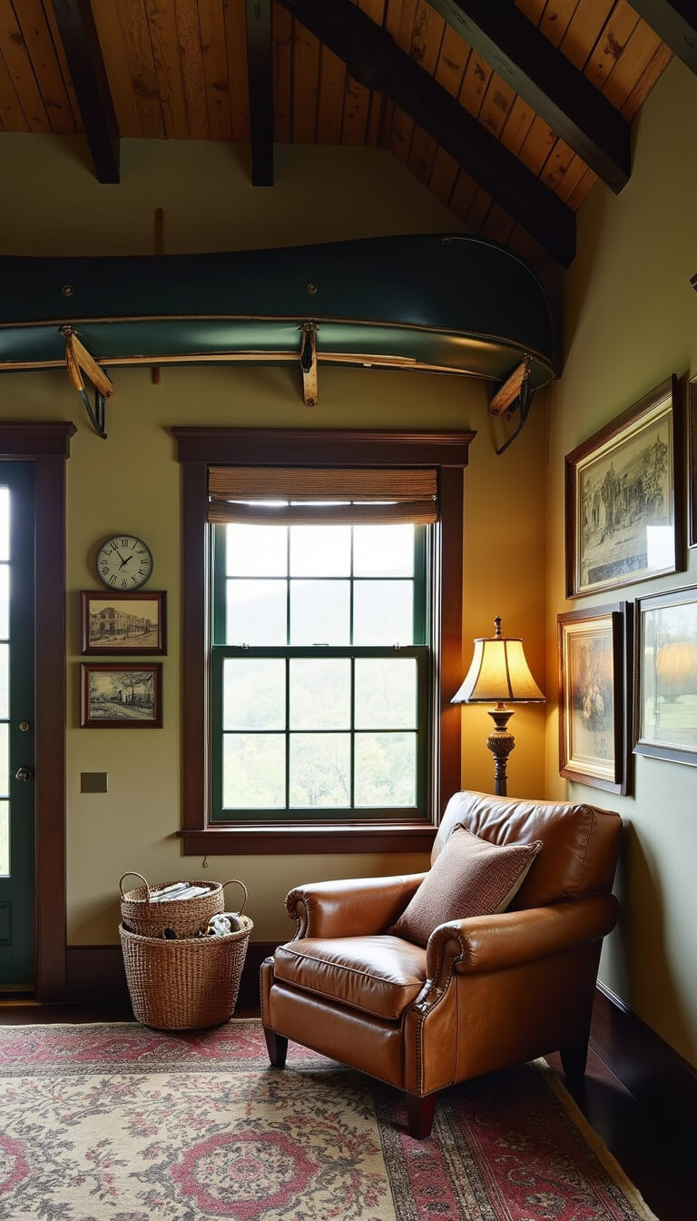 Cozy great room with cathedral ceiling, exposed beams, vintage canoe overhead, leather club chair with lamp, woven baskets, and driftwood-framed historic photos.