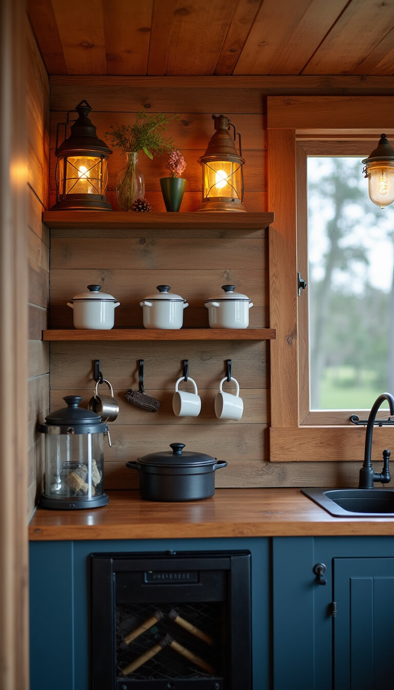 Cozy 8x10ft cabin kitchenette at twilight with copper lanterns lighting open shelves of vintage enamelware and cast iron, reclaimed boat cleats holding mugs, weathered wood counters, and integrated rod storage.