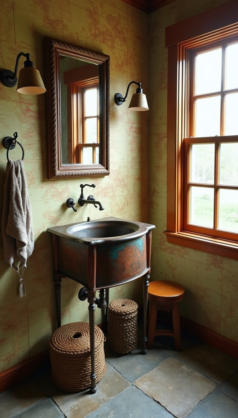 Vintage-style bathroom with dawn light, featuring map wallpaper, verdigris copper sink, rope-framed mirror, fishing gear towel hooks, and stone floor with river rock accents.