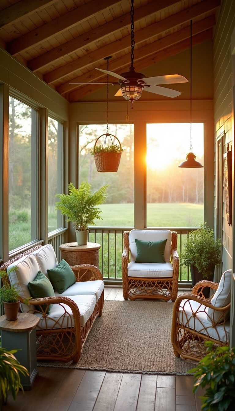 Sunset-lit screened porch with rattan furniture, white canvas cushions, vintage hanging fishing baskets, potted ferns, and raw wood tables featuring natural objects.