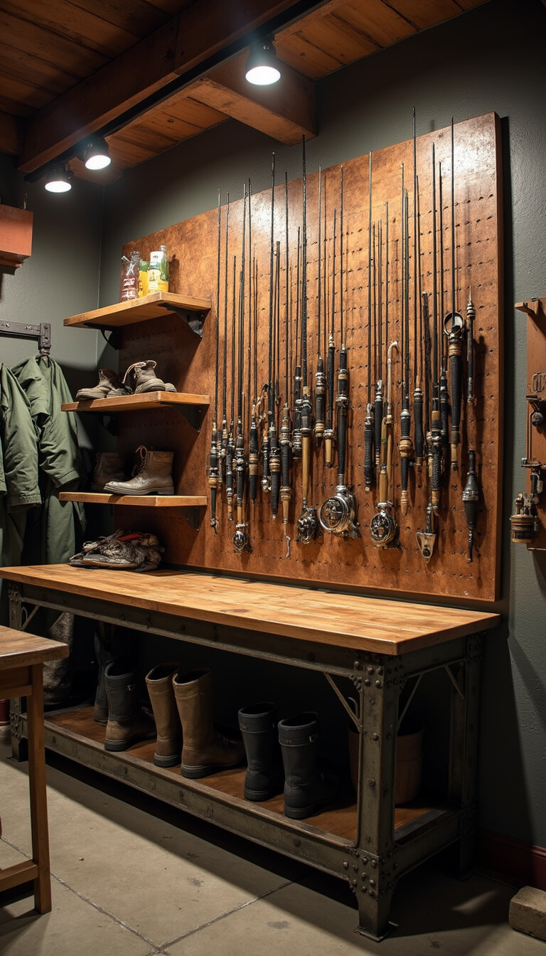 Evening shot of a 14x16ft gear room with track lighting illuminating organized gear, custom rod racks, vintage wooden workbench, industrial shelving with waders and boots, and a pegboard with copper tool holders.