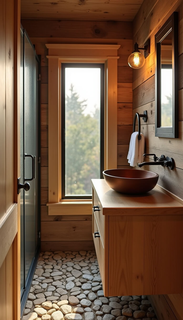 Golden hour light fills a cozy 6x8ft cabin bathroom with a walk-in shower, river rock floor, reclaimed wood accent wall, copper sink, and natural oak vanity.