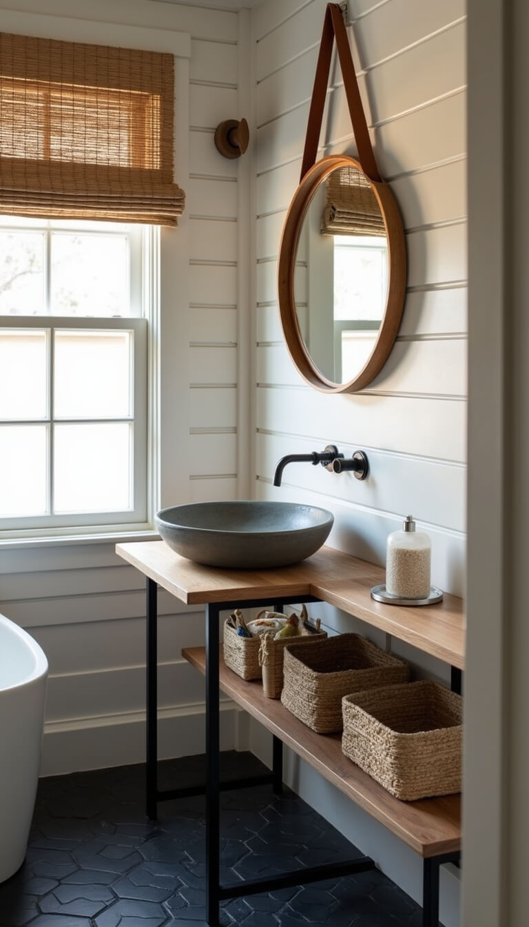 Minimalist 5x7ft woodland bathroom at dawn with concrete sink, black iron stand, round mirror, white shiplap walls, black hex tile floor, and seagrass baskets under shelves.