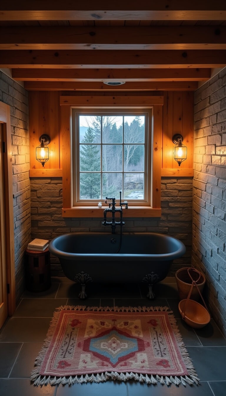 Cozy mountain retreat bathroom at dusk with matte black clawfoot tub, gray stone tile wall, copper towel warmers, vintage kilim rug on heated slate floors, and warm candlelight and industrial sconces.