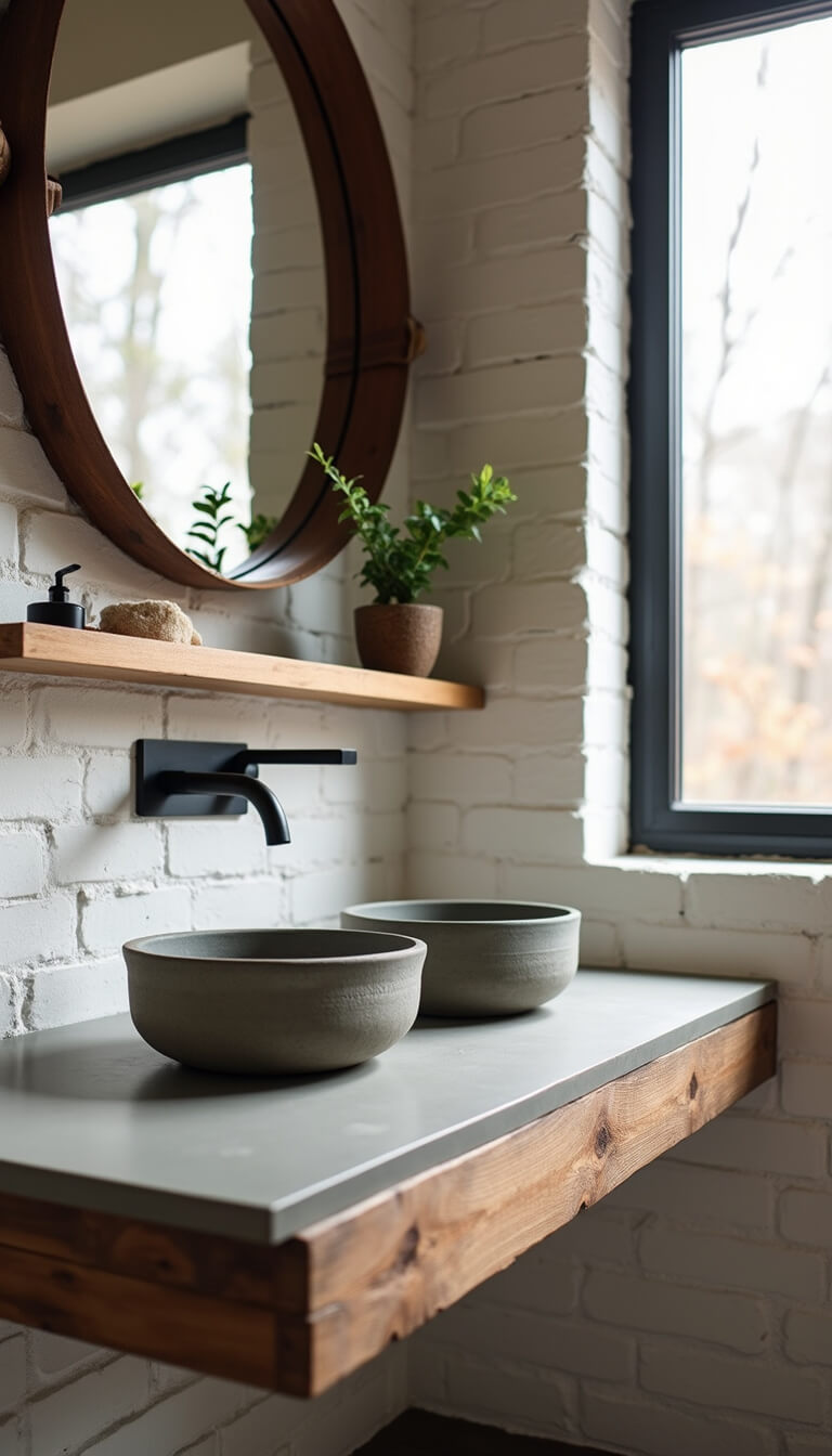 Modern rustic bathroom corner with timber shelf, concrete countertop, ceramic vessels, matte black faucet on whitewashed brick wall, potted fern, and leather-wrapped mirror.
