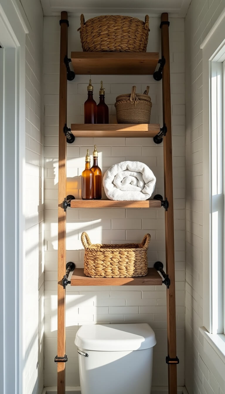 Low-angle view of floor-to-ceiling reclaimed wood ladder shelf in small white-tiled bathroom with woven baskets, rolled towels, amber bottles, copper pipes, and black metal brackets in afternoon light.