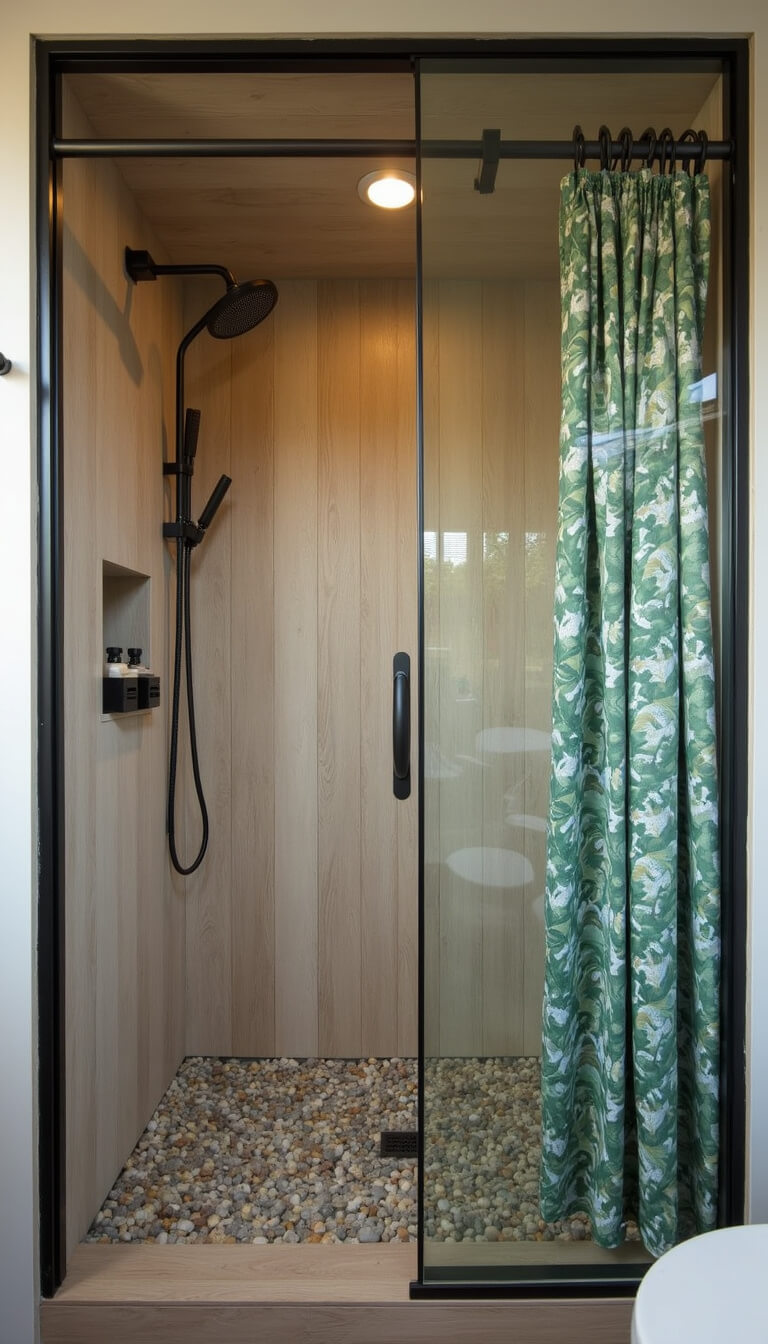 Close-up of compact walk-in shower with black-framed glass, pebble and oak flooring, bronze rain showerhead, built-in niche, and green botanical curtain.