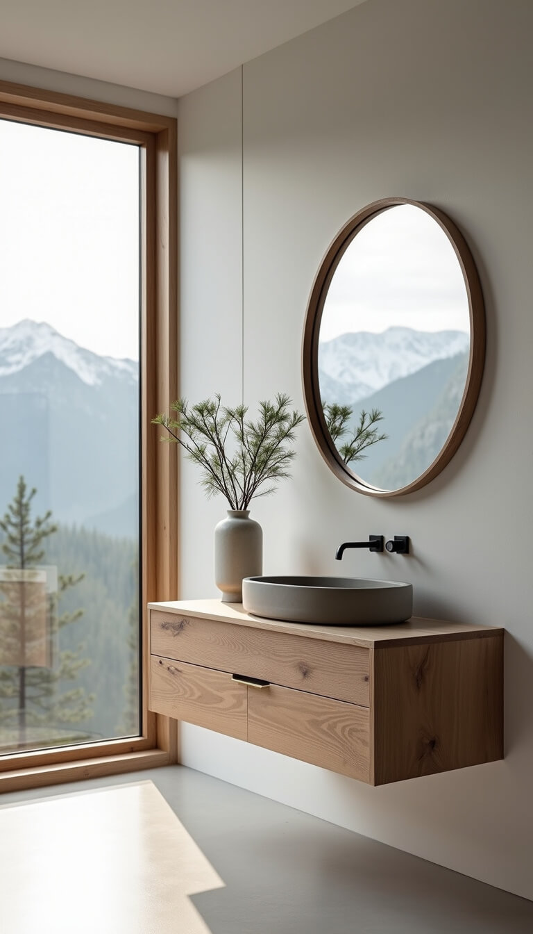 Minimalist 6x7ft cabin bathroom with mountain view, floating bleached oak vanity, concrete sink, large round mirror, and juniper branch in ceramic vase.