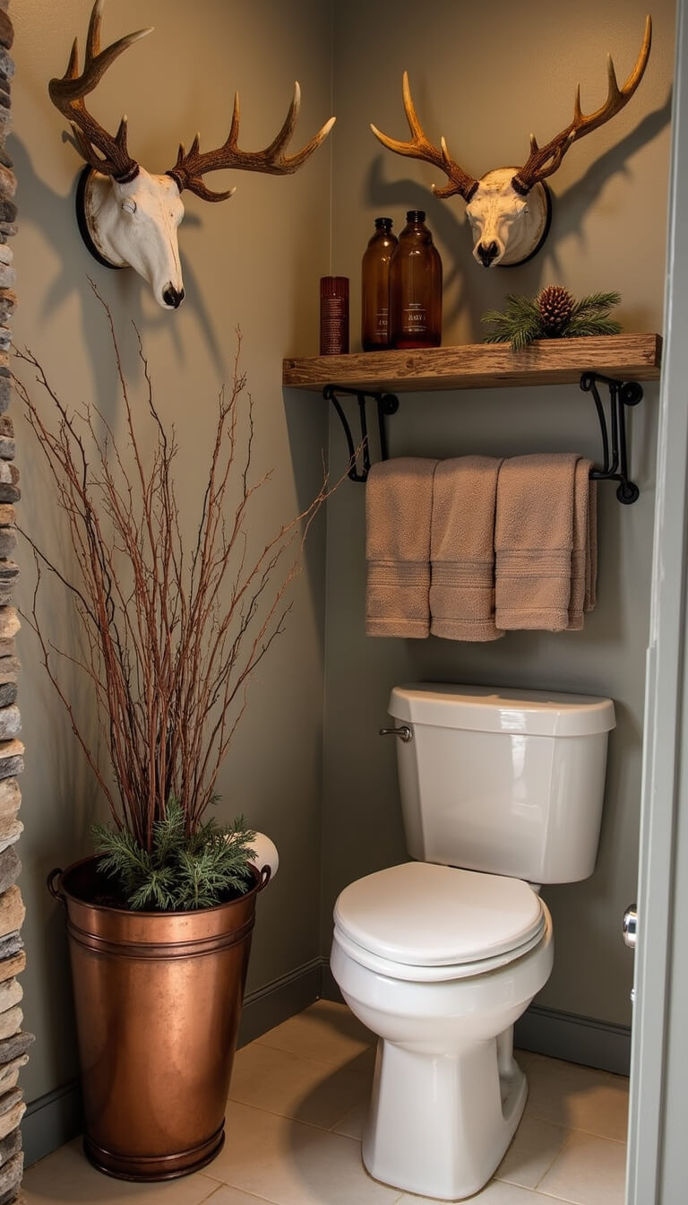 Cozy fall-themed bathroom corner with copper bucket of dried oak branches, antler towel rack, stone accent wall, amber bottles, and warm LED lighting.