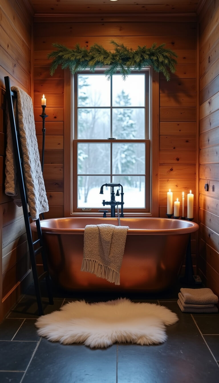 Cozy winter cabin bathroom with copper tub, candlelight, and snowy view through window.