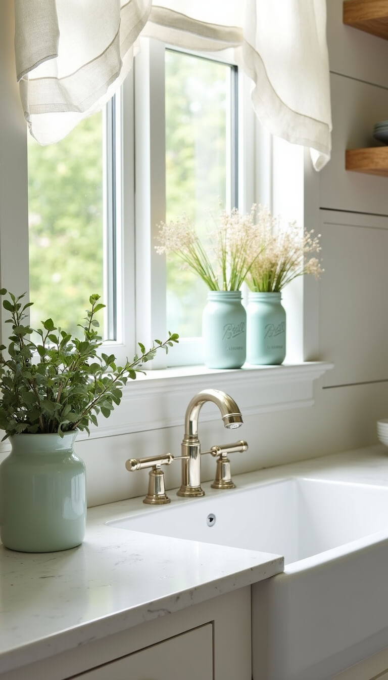 Spring bathroom refresh with white ceramic sink, eucalyptus, wildflowers in mason jars, linen curtains, and shiplap walls in morning light.