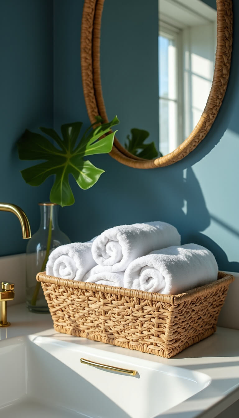 Rolled white towels in woven basket with brass fixtures and monstera leaf in vase against navy wall, rattan mirror reflecting light.