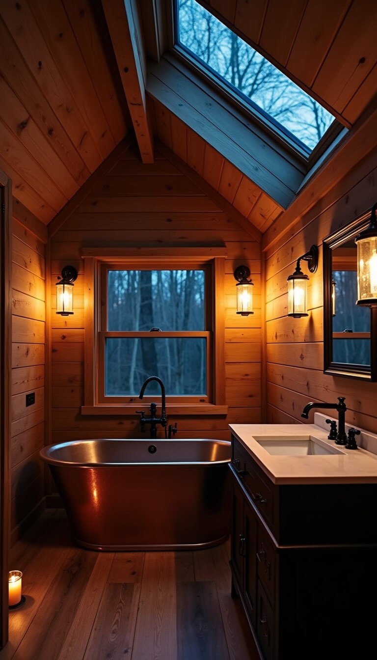 Moody nighttime bathroom with copper tub under starlit skylight, dark walnut vanity, black fixtures, and candlelit ambiance.