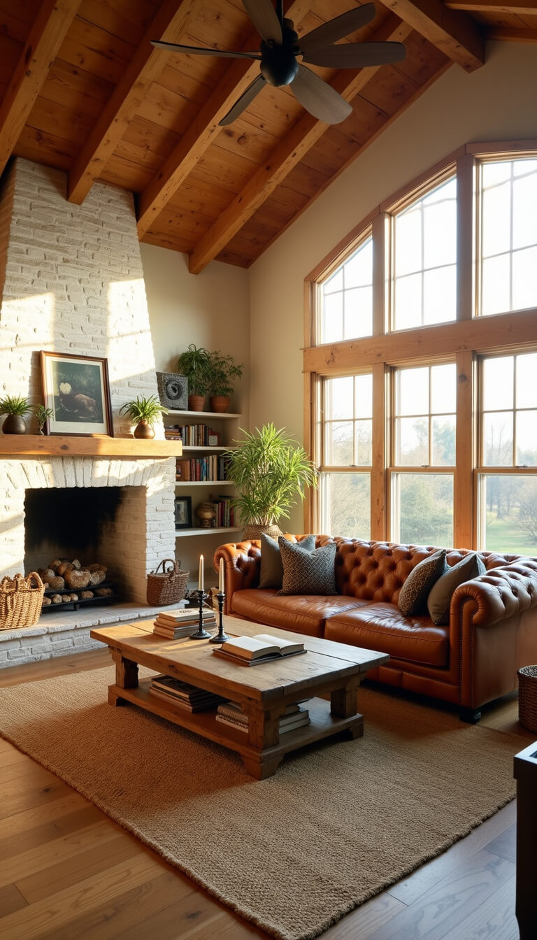 Golden hour light fills a vaulted 20x24ft living room with exposed wooden beams, highlighting a cognac leather Chesterfield sofa by a whitewashed stone fireplace, rustic coffee table, and natural textures like jute and aged wood.