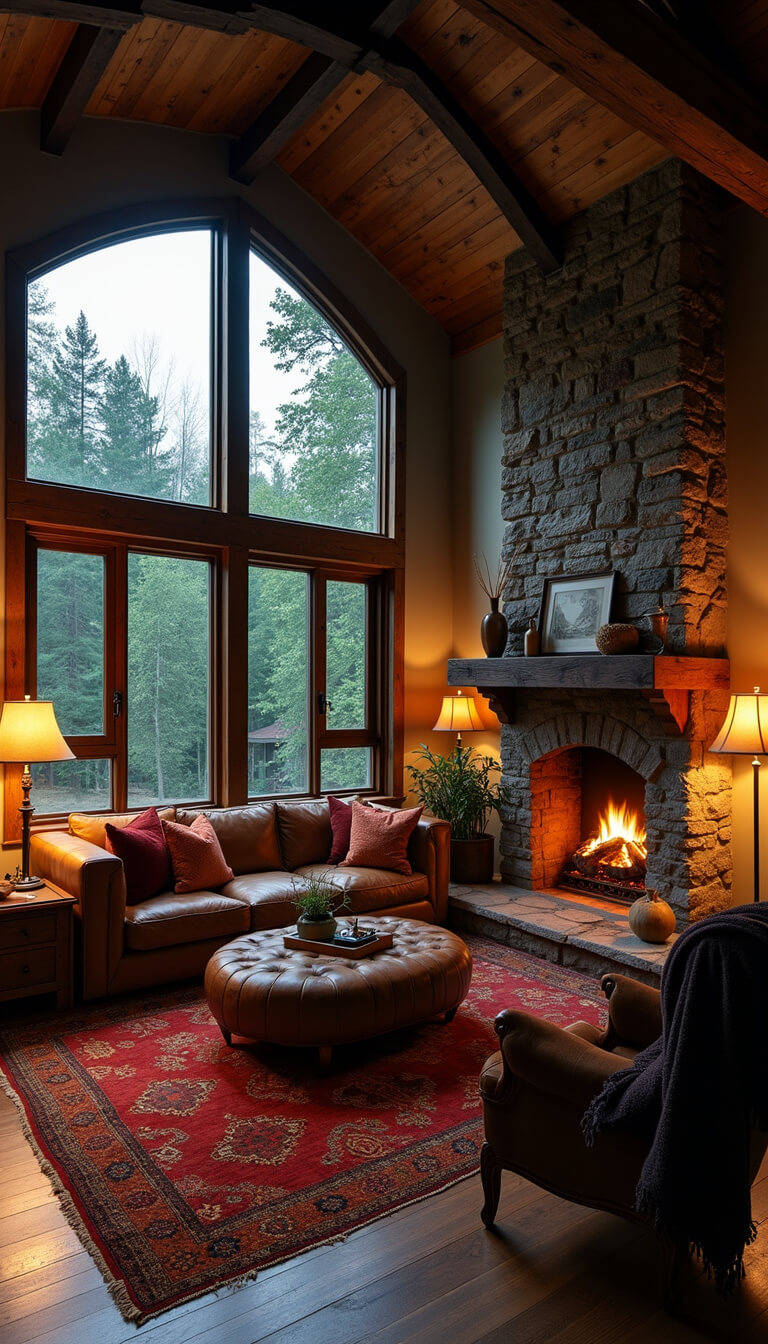 Cozy 15x18ft living room at dusk with cathedral windows, moody lighting, aged leather sectional, reclaimed wood mantel, and layered vintage textiles in rich earthy tones.