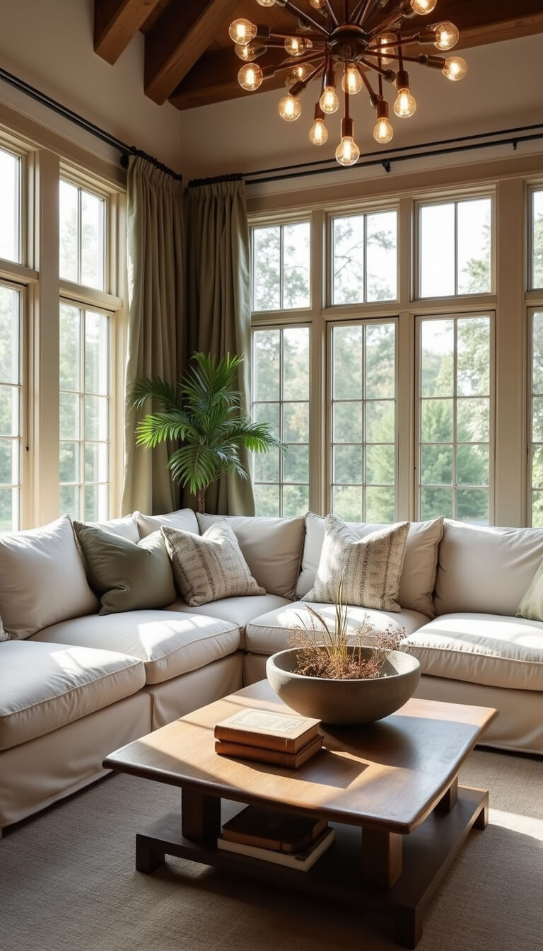 Sunlit corner living room with linen slipcovered sofa, rustic chandelier, and styled coffee table featuring vintage books and dried botanicals.