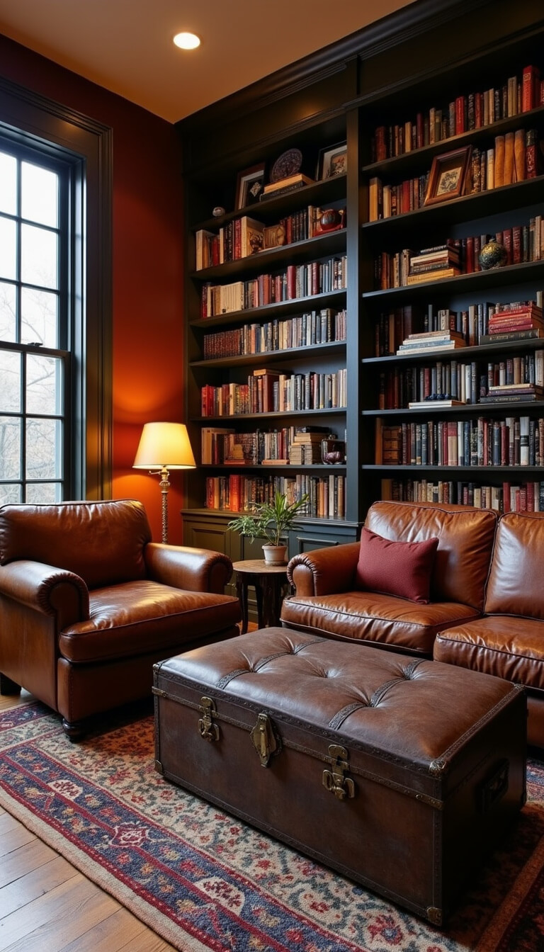 Twilight living room with built-in bookcases, leather armchairs, tufted ottoman, vintage trunk side table, layered rugs, and warm ambient lighting.