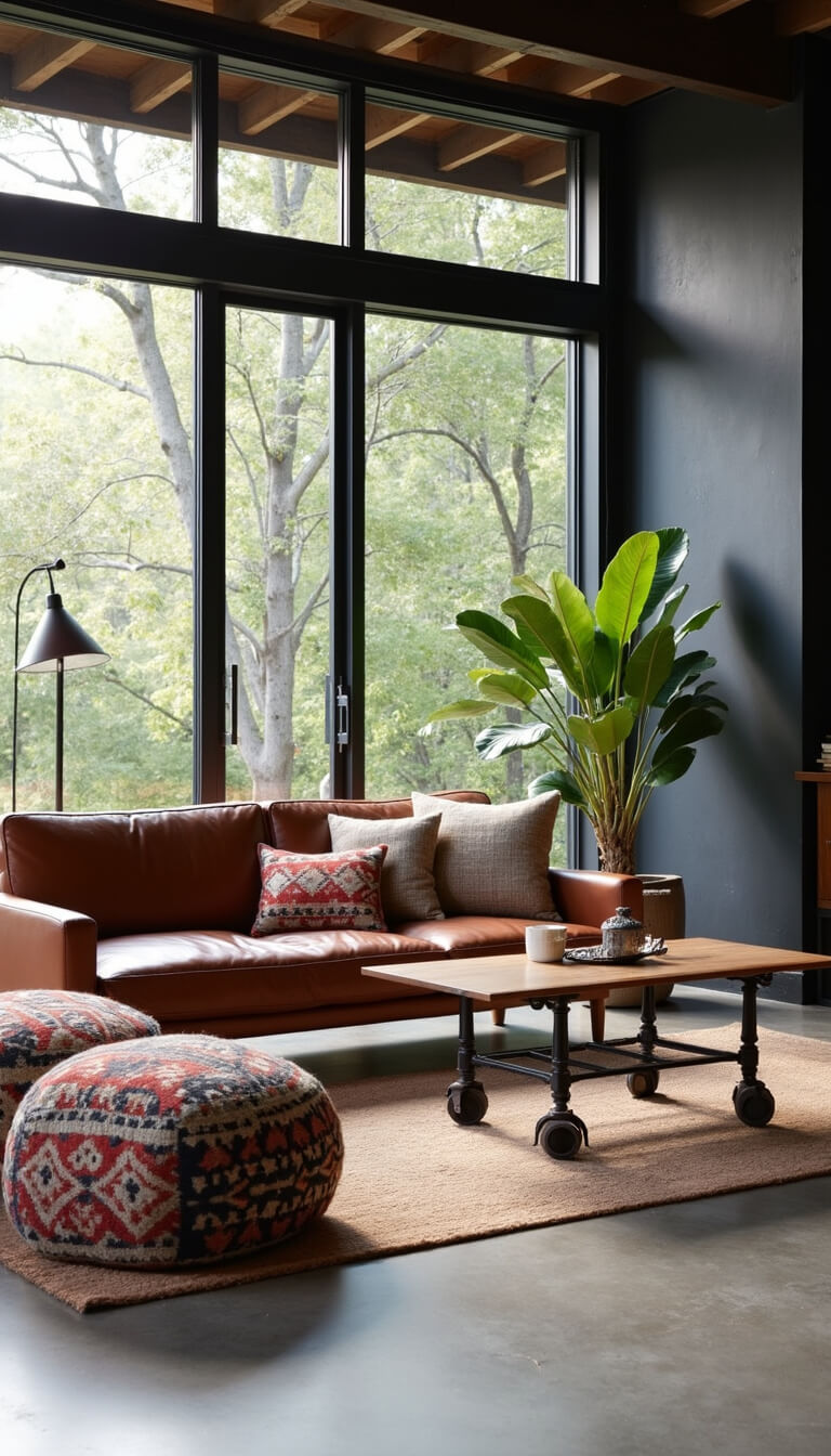 Modern rustic living room with floor-to-ceiling steel windows, leather sofa, industrial coffee table on castors, kilim poufs, and polished concrete floors in a charcoal and cognac palette.