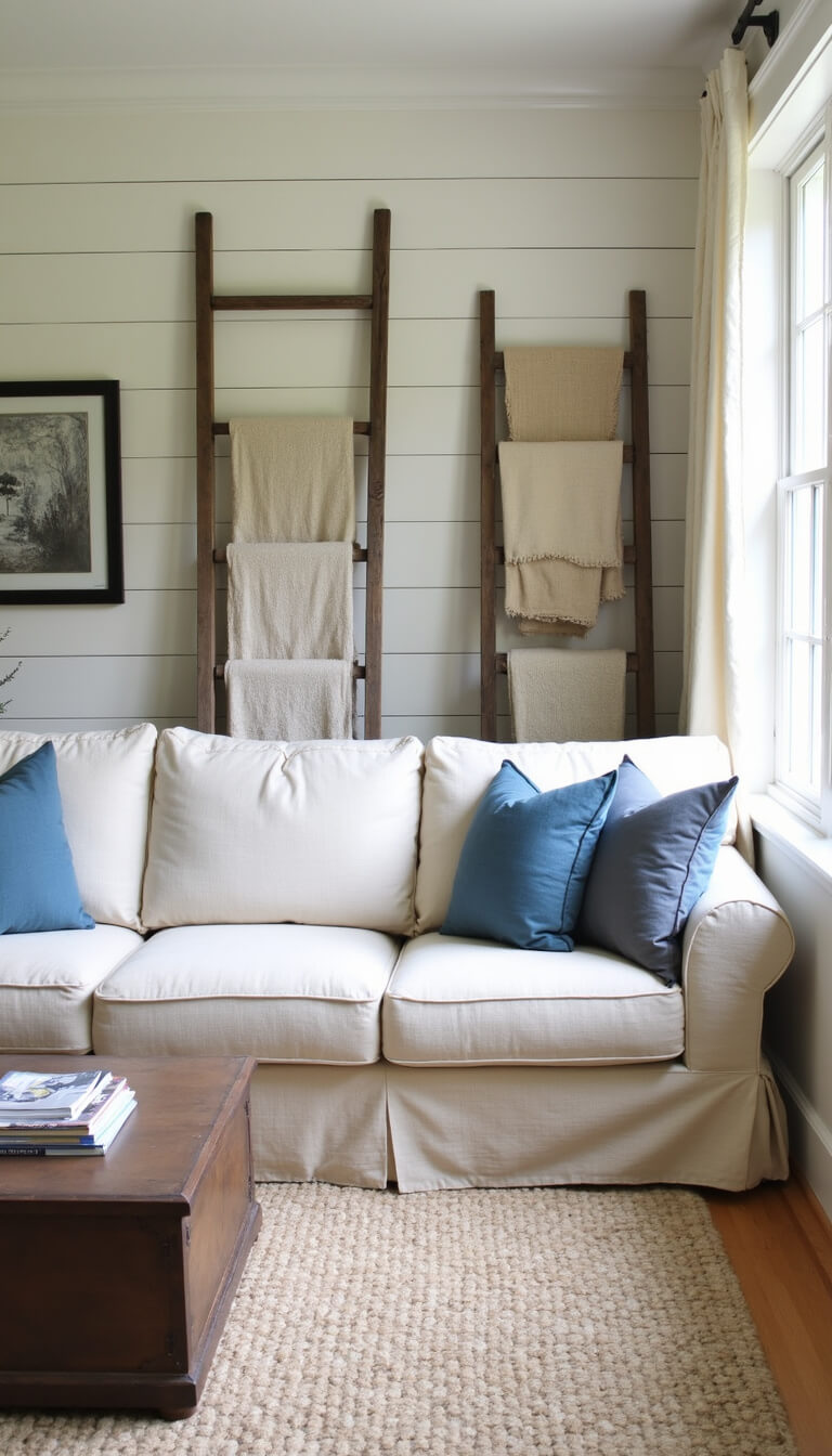 Farmhouse-style living room with shiplap wall, linen slipcovered sectional, vintage ladder with throws, and warm afternoon light.