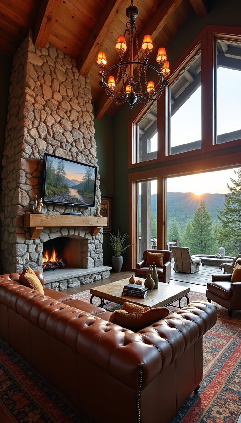 Cozy mountain lodge great room with stone fireplace, leather sectional, iron chandelier, and sunset views through large windows.
