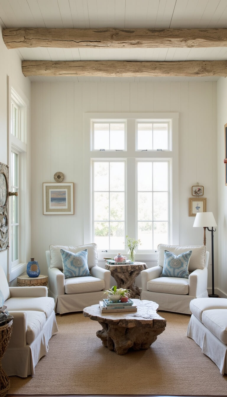Coastal rustic living room with white-paneled walls, rope-wrapped beams, linen armchairs, and driftwood coffee table in morning light.