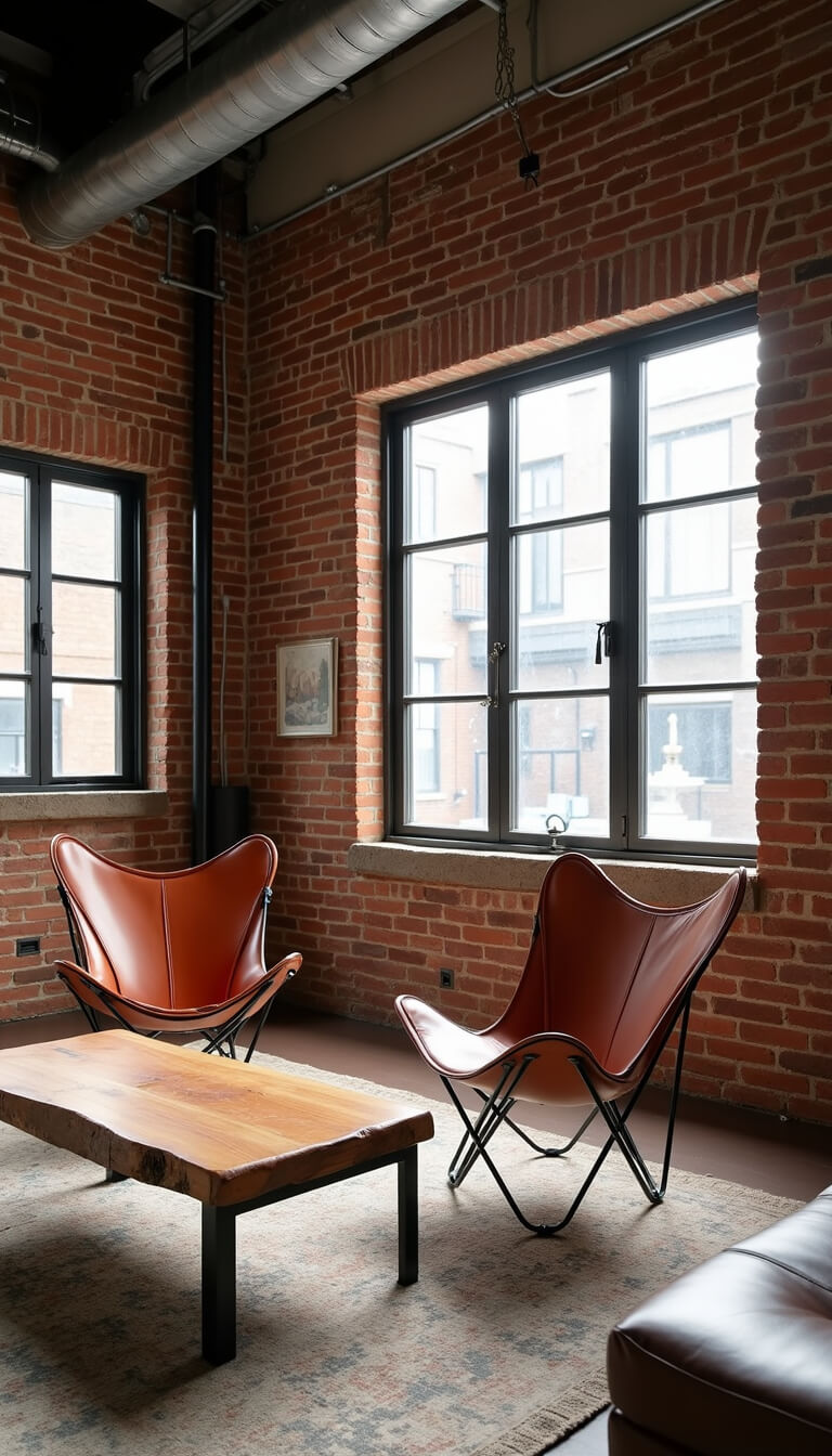 Industrial rustic loft living area with exposed brick walls, steel windows, leather butterfly chairs, live-edge wood coffee table, and overhead metal ductwork.