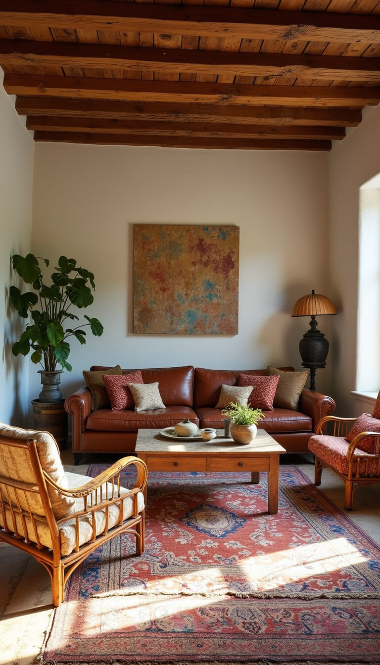 Bohemian rustic living room with exposed wooden ceiling joists, vintage leather sofa, rattan chairs, layered vintage rugs, and warm afternoon light.
