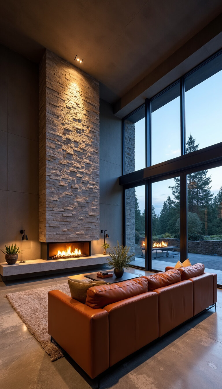 Contemporary rustic great room with minimalist fireplace, floating concrete hearth, leather sectional, and textured stone wall illuminated by dramatic up-lighting at dusk.