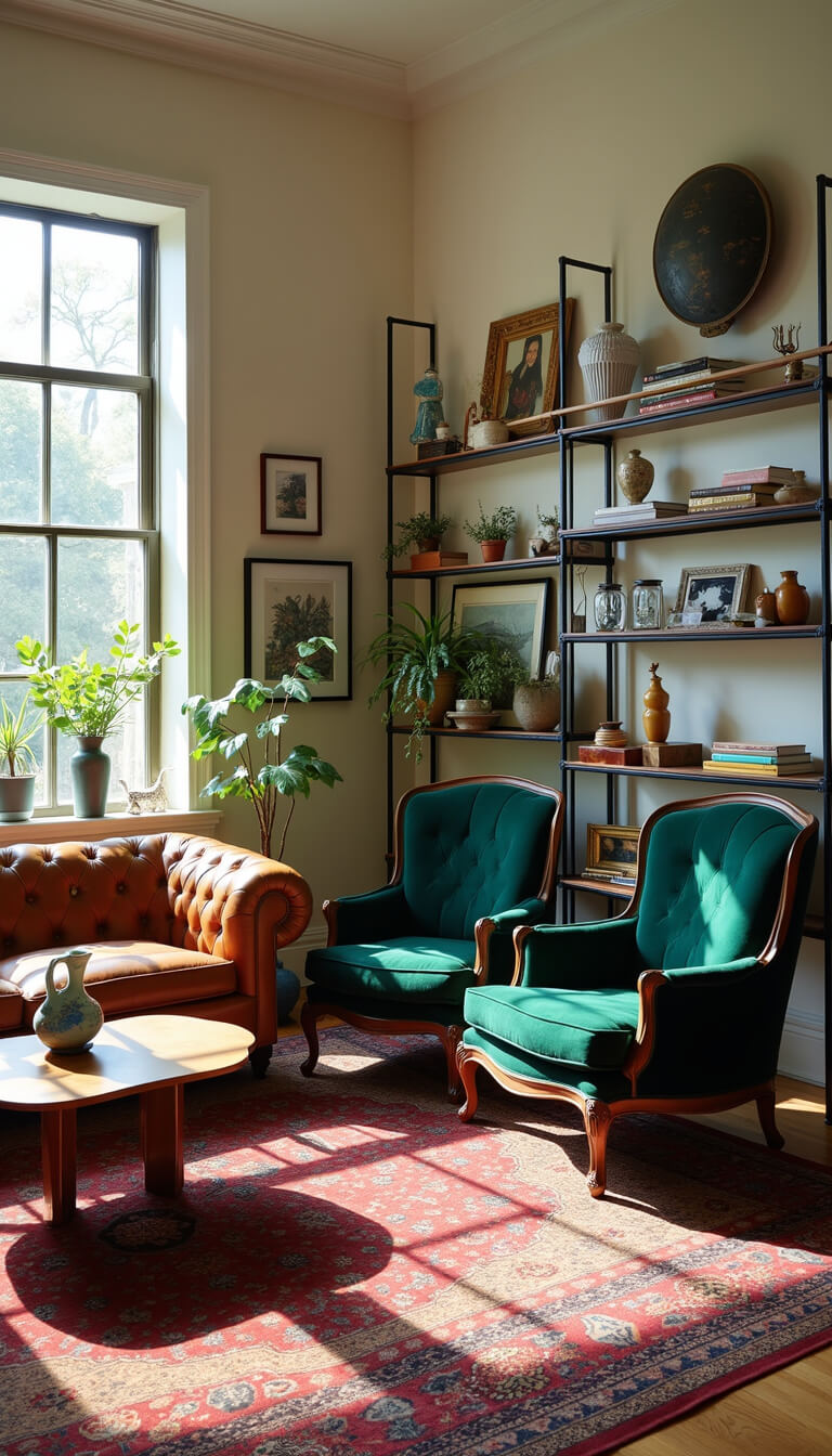 Sunlit living room with high ceilings, bay windows, Persian rug, cognac leather Chesterfield sofa, emerald velvet armchairs, and industrial shelves displaying global decor.