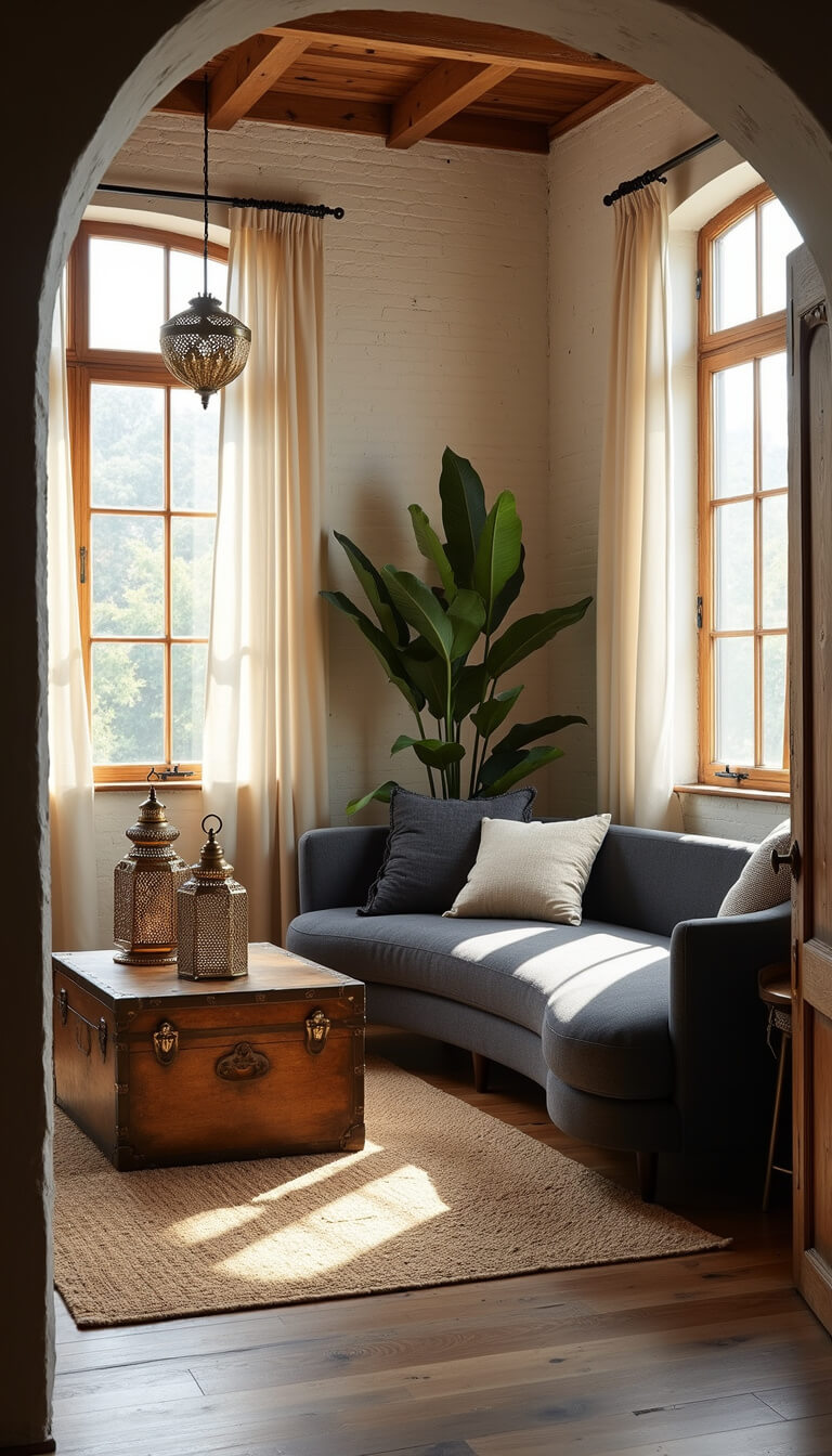 Eclectic 15x18ft living room at golden hour with charcoal curved sofa, wooden trunk coffee table, whitewashed brick walls, and brass lanterns casting shadows through linen curtains.