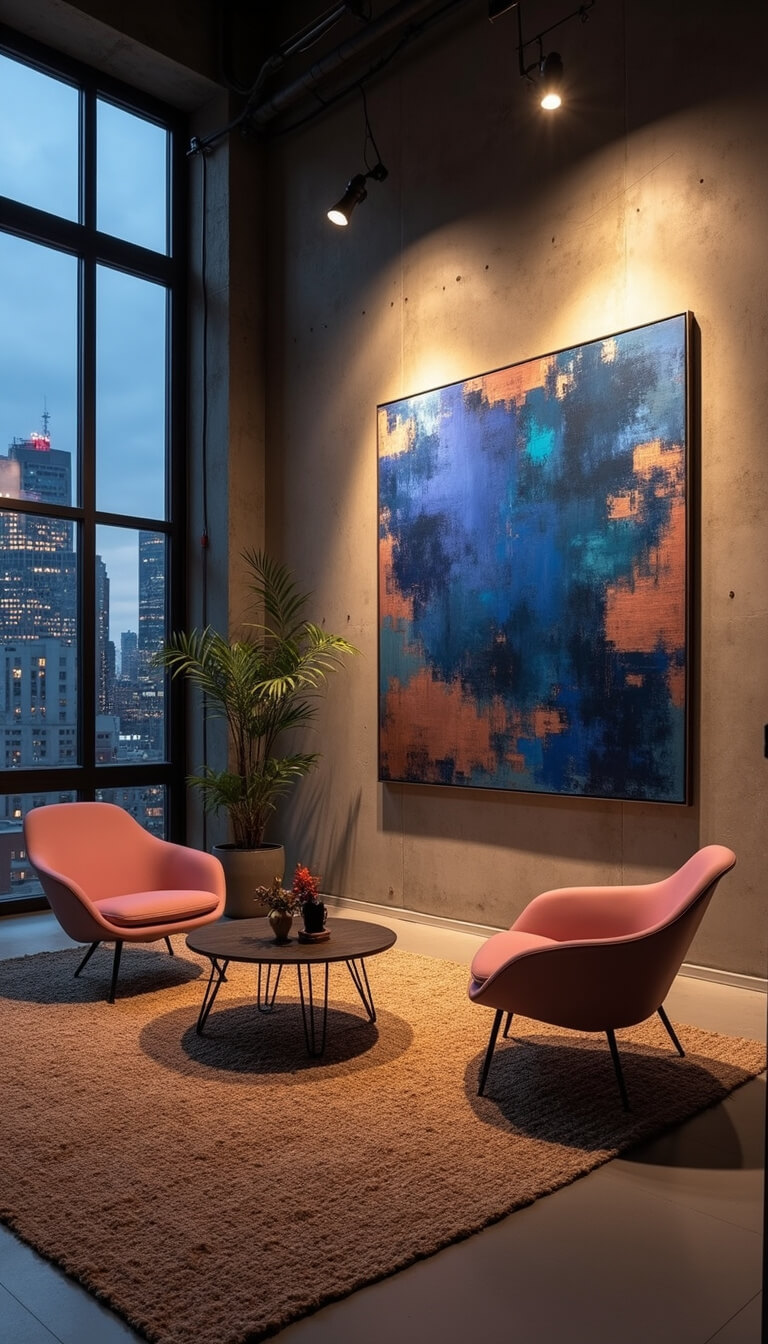 Urban loft living area at dusk with industrial windows, mid-century chairs, jute rug, and large abstract artwork.