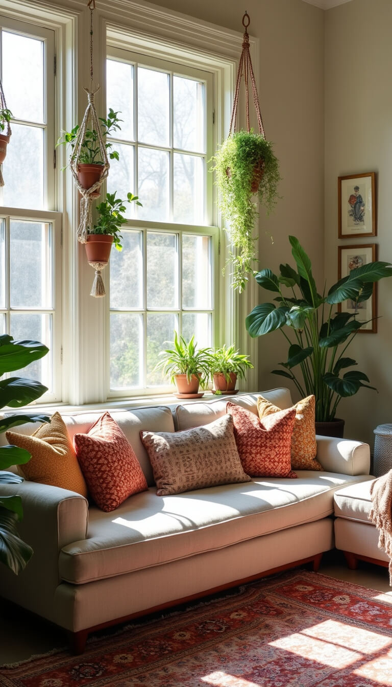 Bohemian-style 16x20ft living room with Victorian details, oatmeal linen sectional, jewel-toned pillows, hanging plants in macramé holders, and soft afternoon light.