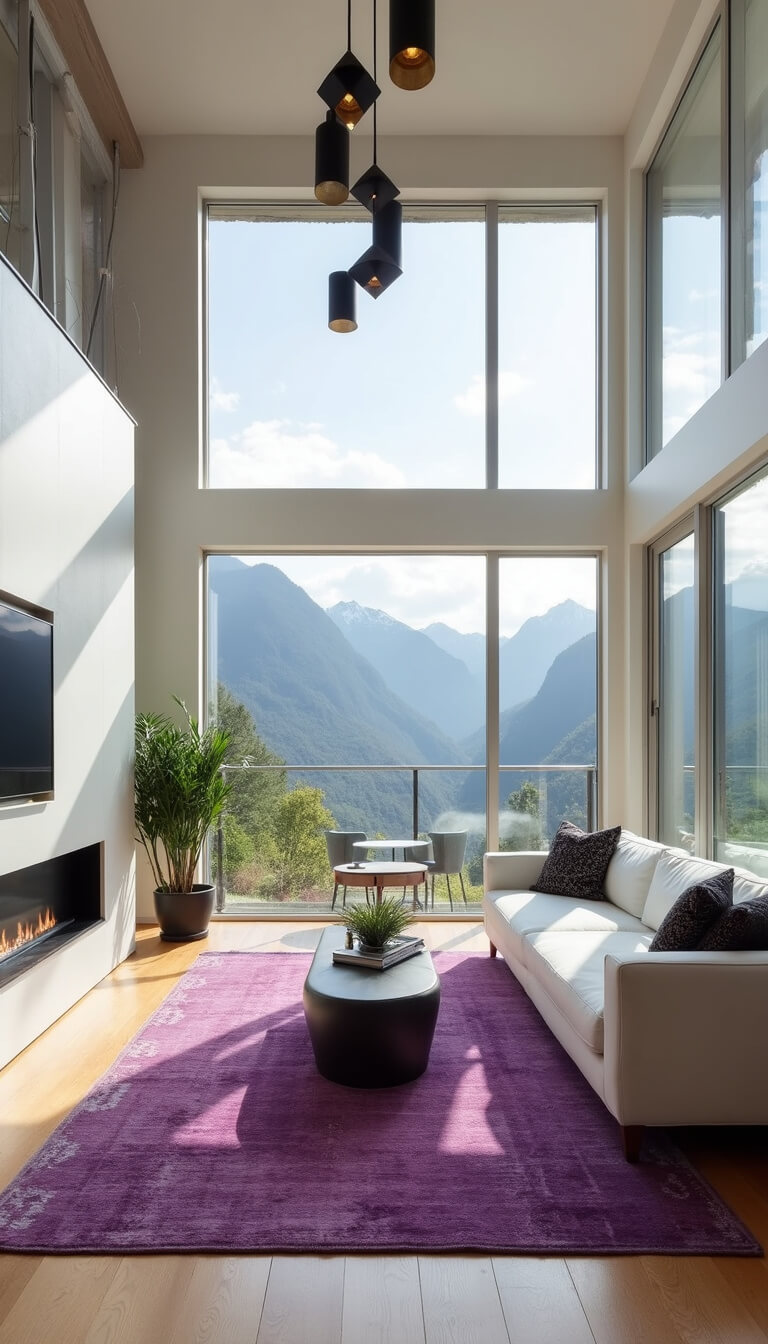 Contemporary airy living room with mountain views, white sofa, deep purple vintage rugs, and geometric black and brass lighting, viewed from mezzanine.