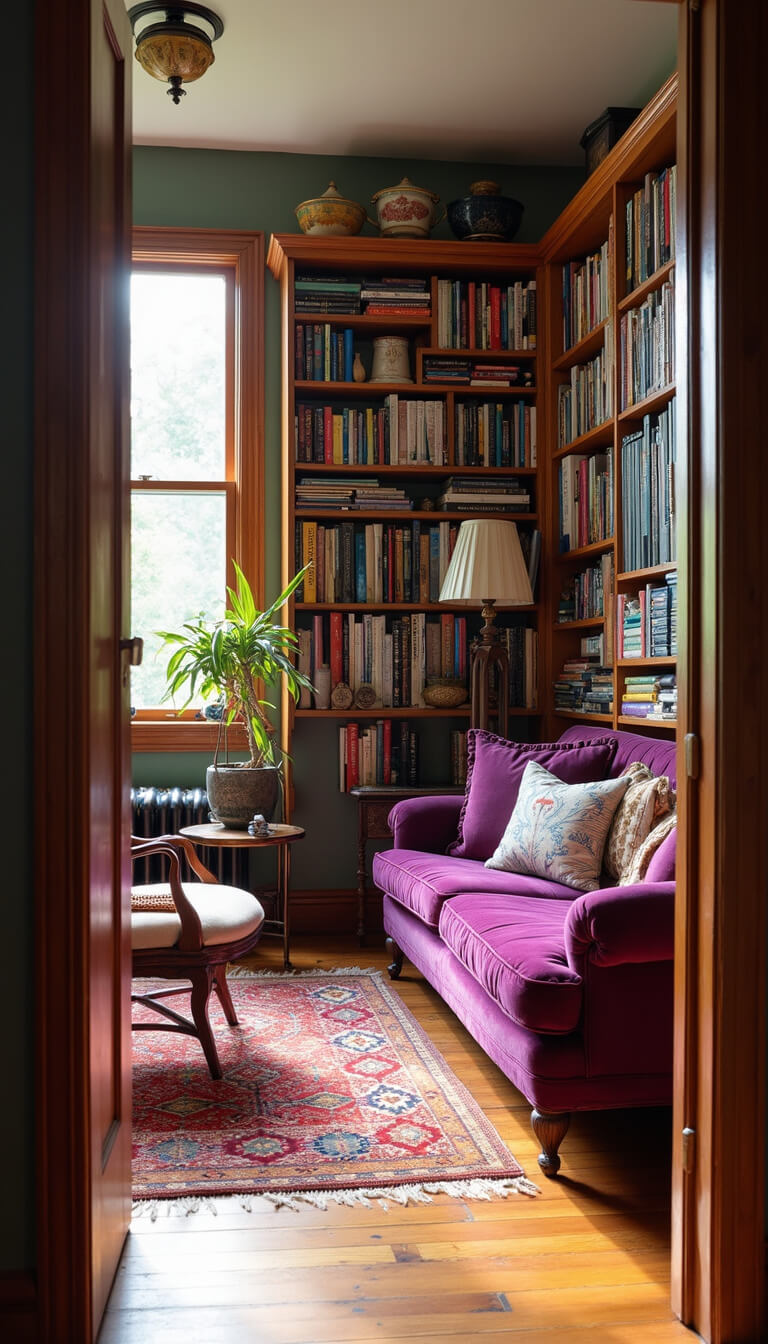 Artist's sunlit 19x23ft living space with bookshelves, ceramics, vintage rug, and purple velvet fainting couch, viewed from doorway.