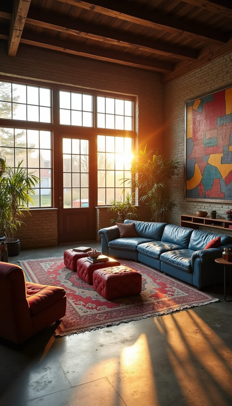 Eclectic 21x25ft great room at sunset with golden light through warehouse windows, slate blue leather sectional, vintage kilim ottomans, global textiles, and modern art on polished concrete floors.