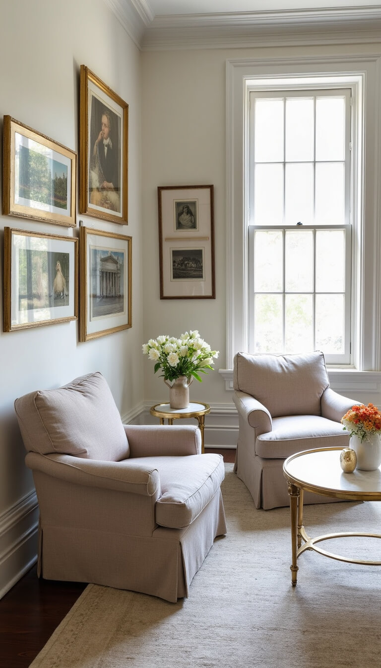 Corner view of a sunlit 16x18ft sitting room with crown molding, linen chairs, brass and marble coffee table, and a gallery wall of vintage and modern art.